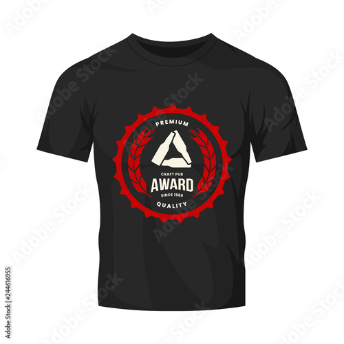 Modern craft beer drink vector logo sign for bar, pub, store, brewhouse or brewery isolated on black t-shirt mock up. Premium quality bottle logotype illustration. Brewing award fashion badge design.