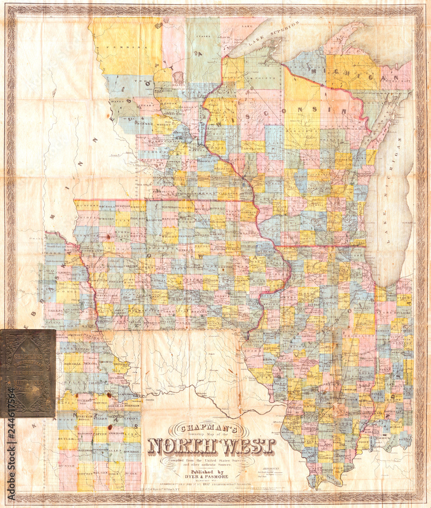 1857, Chapman Pocket Map of the North West, Illinois, Wisconsin, Iowa