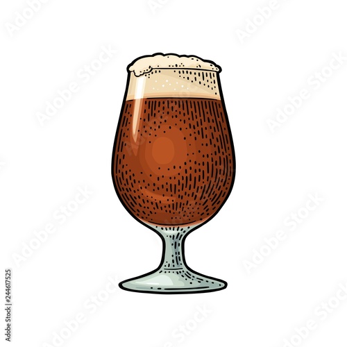 Beer porter glass with foam. Vintage color engraving