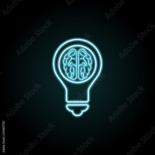 Light bulb with a brain inside icon in neon style. Simple thin line, outline vector of education icons for UI and UX, website or mobile application