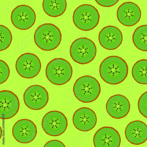 Kiwi round pieces. Seamless pattern. Vector illustration isolated on green