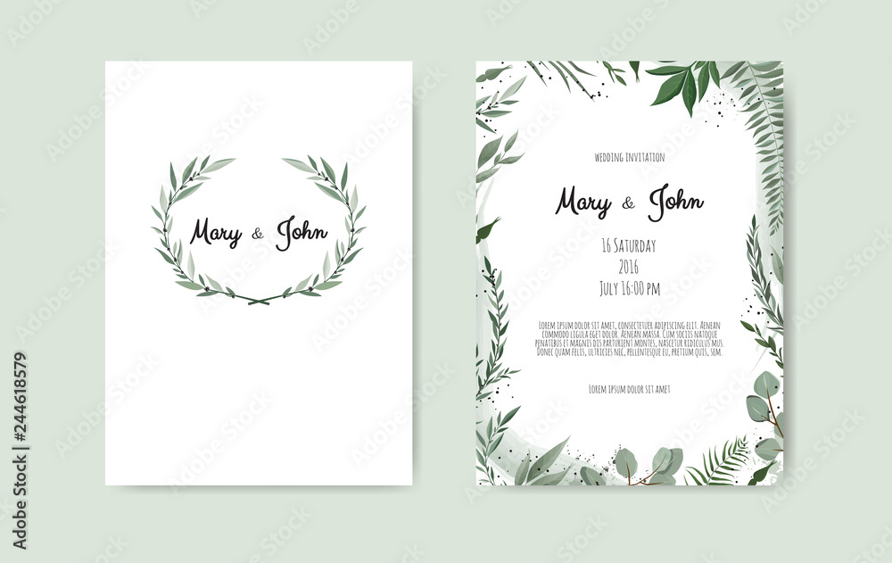 Set of card with flower rose, leaves and geometrical frame. Wedding ornament concept.