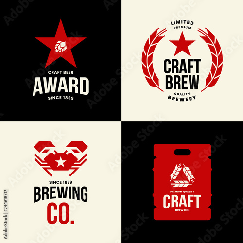Modern craft beer drink isolated vector logo sign for bar, pub, store, brewhouse or brewery. Premium quality crab, star and keg logotype illustration set. Brewing fest t-shirt badge design bundle.