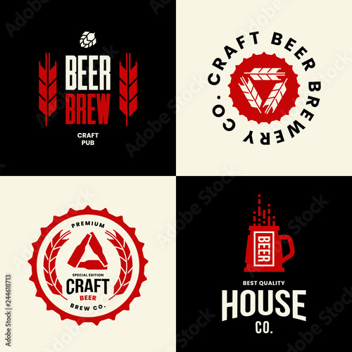Modern craft beer drink isolated vector logo sign for bar, pub, store, brewhouse or brewery. Premium quality mug and bottle logotype emblem illustration set. Brewing fest t-shirt badge design bundle.