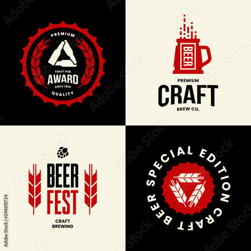 Modern craft beer drink isolated vector logo sign for bar, pub, store, brewhouse or brewery. Premium quality mug and bottle logotype emblem illustration set. Brewing fest t-shirt badge design bundle.