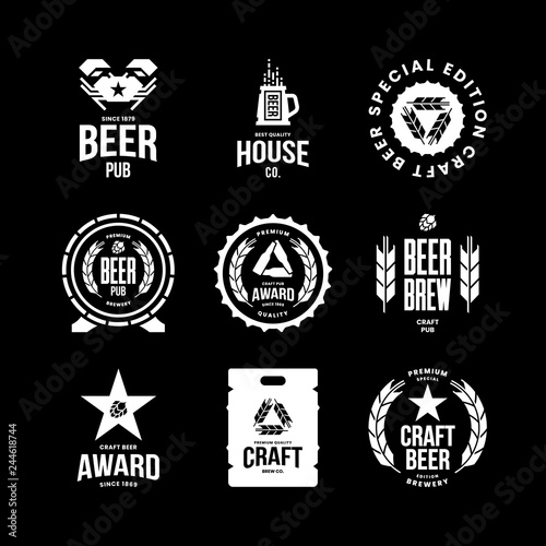 Modern craft beer drink isolated vector logo sign for bar, pub, store, brewhouse or brewery. Premium quality mug, barrel, keg logotype emblem illustration set. Brewing fest t-shirt badge design bundle