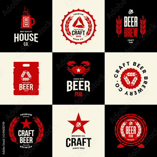 Modern craft beer drink isolated vector logo sign for bar, pub, store, brewhouse or brewery. Premium quality mug, barrel, keg logotype emblem illustration set. Brewing fest t-shirt badge design bundle