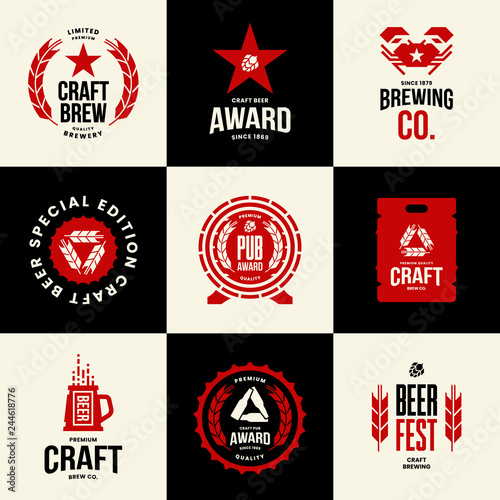 Modern craft beer drink isolated vector logo sign for bar, pub, store, brewhouse or brewery. Premium quality mug, barrel, keg logotype emblem illustration set. Brewing fest t-shirt badge design bundle