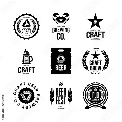 Modern craft beer drink isolated vector logo sign for bar, pub, store, brewhouse or brewery. Premium quality mug, barrel, keg logotype emblem illustration set. Brewing fest t-shirt badge design bundle