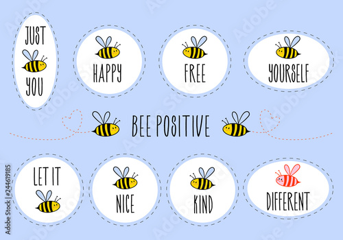 Motivational quotes with bee, vector sticker set