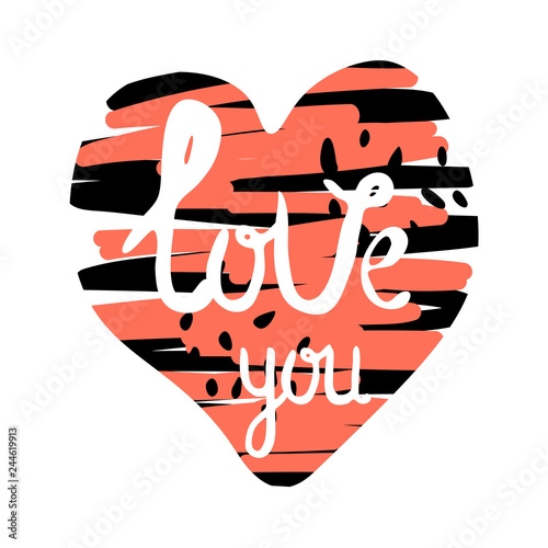 Vector illustration on the theme of Valentine s Day with heart and lettering  in coral and black colors on a white background. Great for gift tags and greeting cards