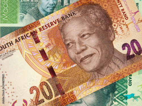 South Africa 20 rand banknote, Nelson Mandela. South African money currency close up. Africa economy.. photo
