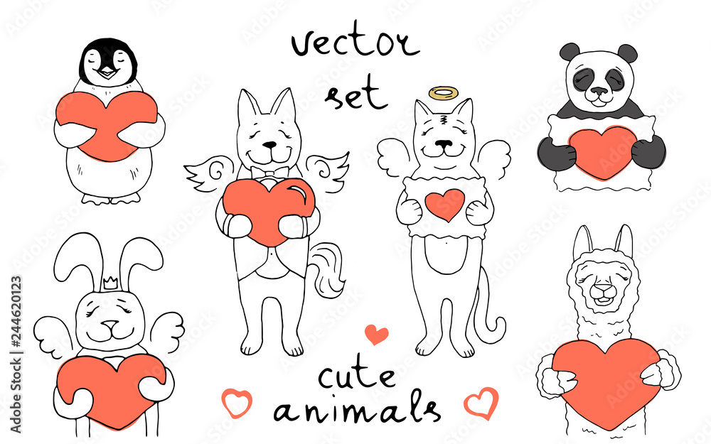 Set of 6 vector characters of different cute animals, on the theme of love with hearts and wings in coral and black colors on a white background. Great for gift tags, greeting cards and other designs