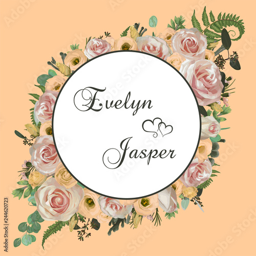 Wedding floral invitation, invite card. Vector watercolorgreen forest leaf, fern, brunia, branches boxwood, buxus, eucalyptus, eustoma, tea roses and chamaelaucium. Natura, botanical