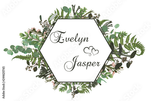 Wedding horizontal floral invitation, invite card. Vector watercolor set green forest fern, herbs, brunia, eucalyptus, branches boxwood, buxus and chamaelaucium. Botanical decorative frame