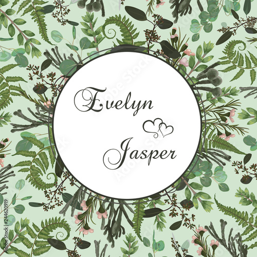 Wedding floral invitation, invite card. Vector watercolor set green forest fern, brunia, herbs, eucalyptus, branches boxwood, buxus and chamaelaucium. Natura, botanical green decorative round frame