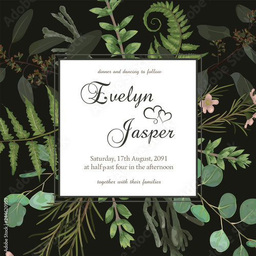 Wedding floral invitation, invite card. Vector watercolor green forest leaf, fern, brunia, branches boxwood, buxus, eucalyptus and chamaelaucium. Natural, botanical decorative frame