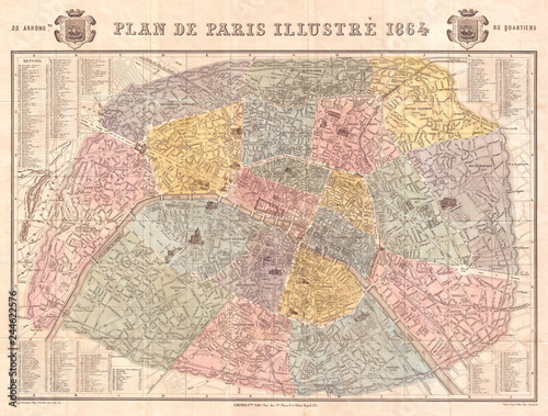 1864, Garnier Map of Pairs, France w-Monuments