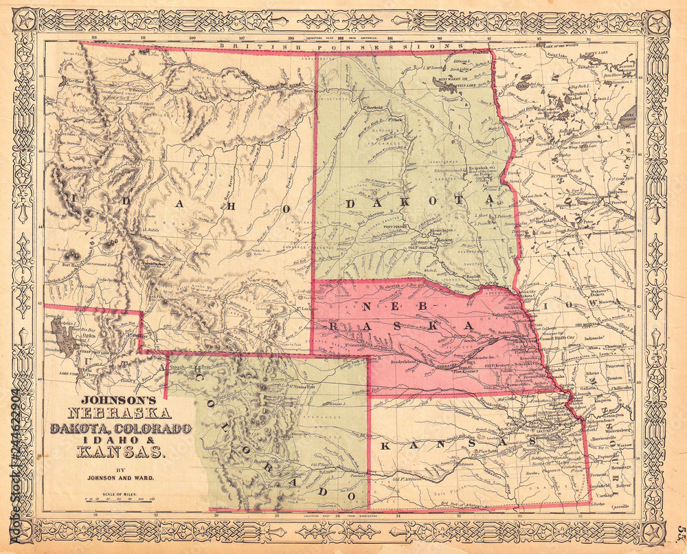 1864, Johnson Map of Idaho, Dakota, Nebraska, Kansas and Colorado