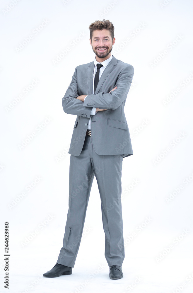 Confident successful businessman in gray suit on white backgroun Confident successful businessman in gray suit on white backgroun