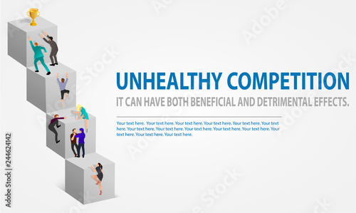 Business competition with climbing on large stairs. Unhealthy fight for a trophy. Several businessmen are racing to achieve the highest point using cubes. Concept of problem solving, corporate.
