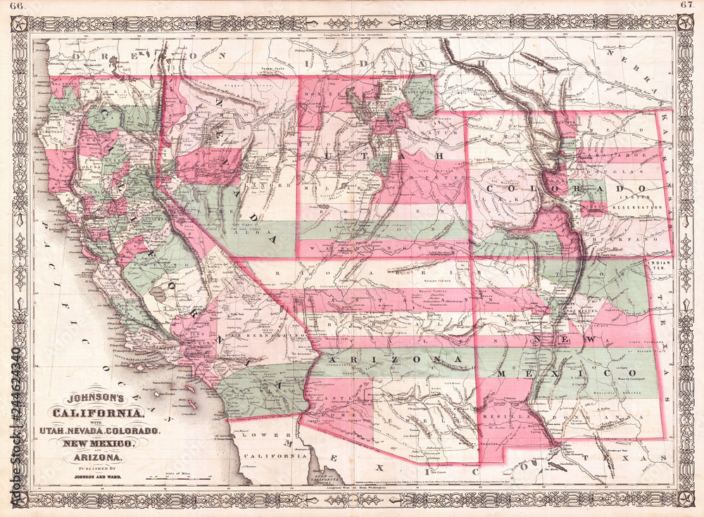 1866, Johnson Map of California, Colorado, Arizona, New Mexico, Nevada and Utah