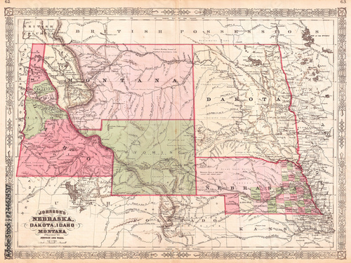 1866  Johnson Map of Montana  Wyoming  Idaho  Nebraska and Dakota