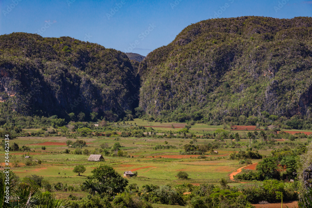 Panoramic view over the scenic landscape with mogotes in Vinales Valley, Cuba. Area best know for tobacco plantations.