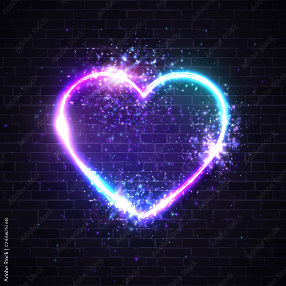 Valentines background with retro neon light heart sign. Led lamp border particles sparkles light flashes on dark brick wall. Valentine's Day greeting card design element. Electric vector illustration.