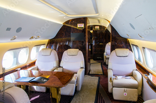 Luxury interior of genuine leather in the modern business jet