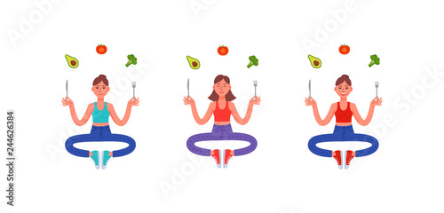 Three thin women sitting in the lotus position with a fork and knife in their hands and around them a healthy meal. Avocado, broccoli, tomato. Healthy lifestyle. Vector illustration in cartoon style.