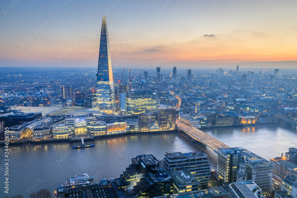 view of London skyline at sunset