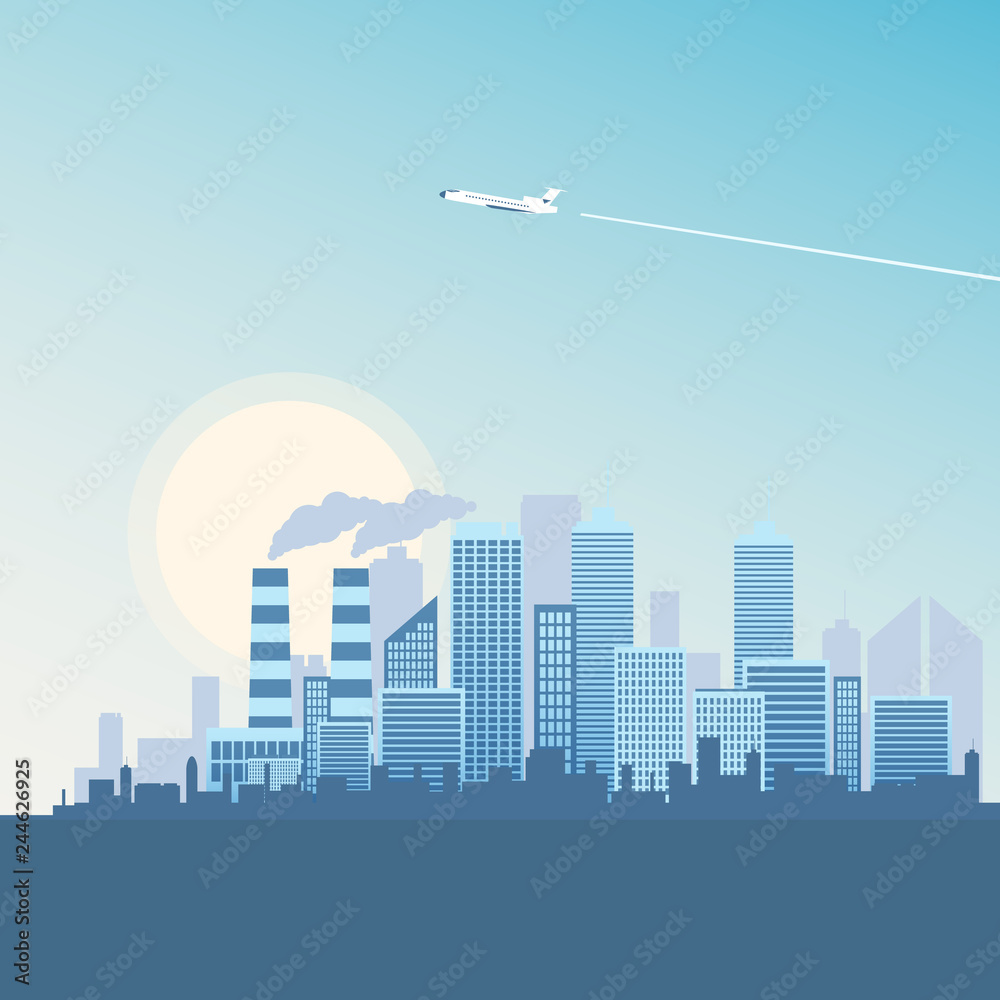 Illustration Flying Plane over Metropolis Building