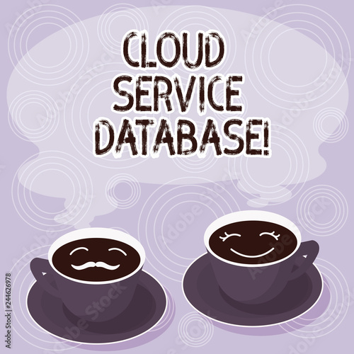 Text sign showing Cloud Service Database. Conceptual photo optimized virtualized computing environment Sets of Cup Saucer for His and Hers Coffee Face icon with Blank Steam