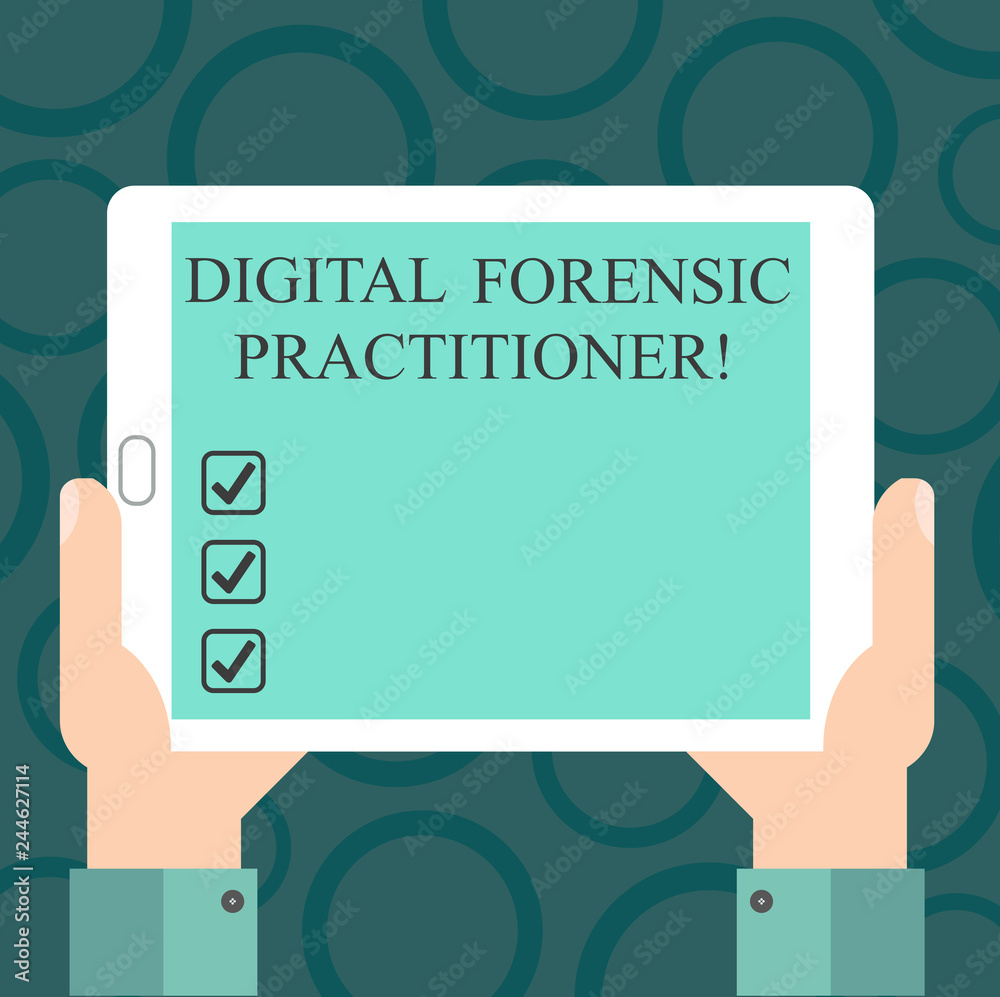 Writing note showing Digital Forensic Practitioner. Business photo showcasing Specialist in investigating computer crime Hu analysis Hand Holding Tablet Smartphone Display Unit photo Writing note showing Digital Forensic Practitioner. Business photo showcasing Specialist in investigating computer crime Hu analysis Hand Holding Tablet Smartphone Display Unit photo