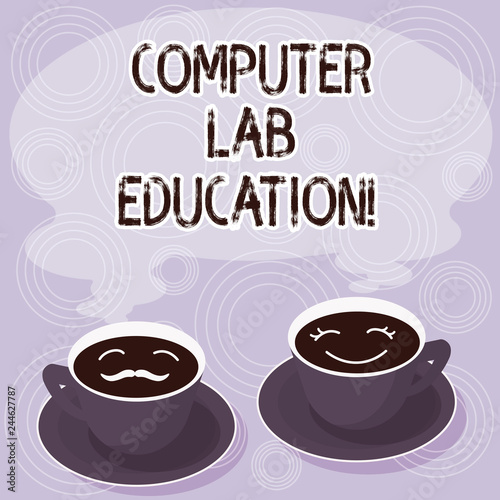 Text sign showing Computer Lab Education. Conceptual photo Room or space equipped with computers use in a school Sets of Cup Saucer for His and Hers Coffee Face icon with Blank Steam
