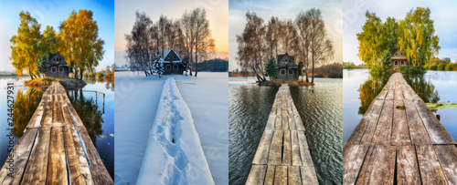 four seasons. hut on a small island. bridge to hut © sergnester