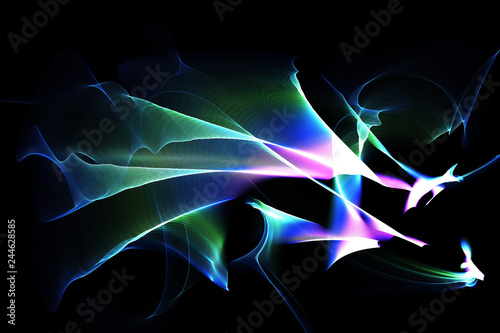 Abstract Patterns On Dark Background With Green Blue Purple Lines Curves Particles