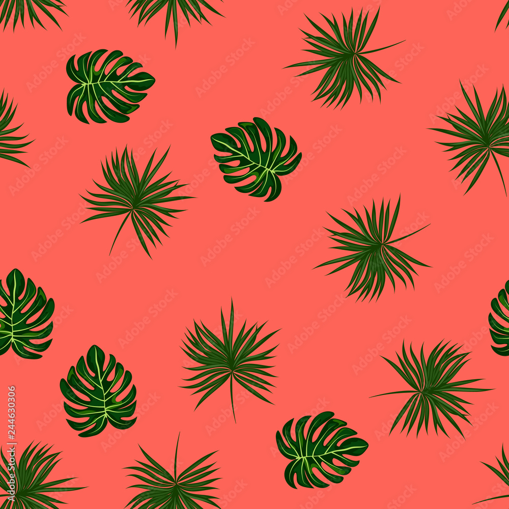 Tropical seamless pattern with leaves. Beautiful tropical isolated leaves. Fashionable summer background with leaves for fabric, wallpaper, paper, covers.