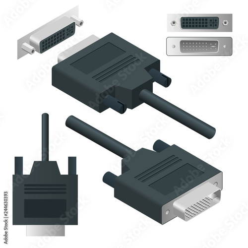 Isometric DVI adapter, Digital Visual Interface cable connector, digital video transmission isolated on white