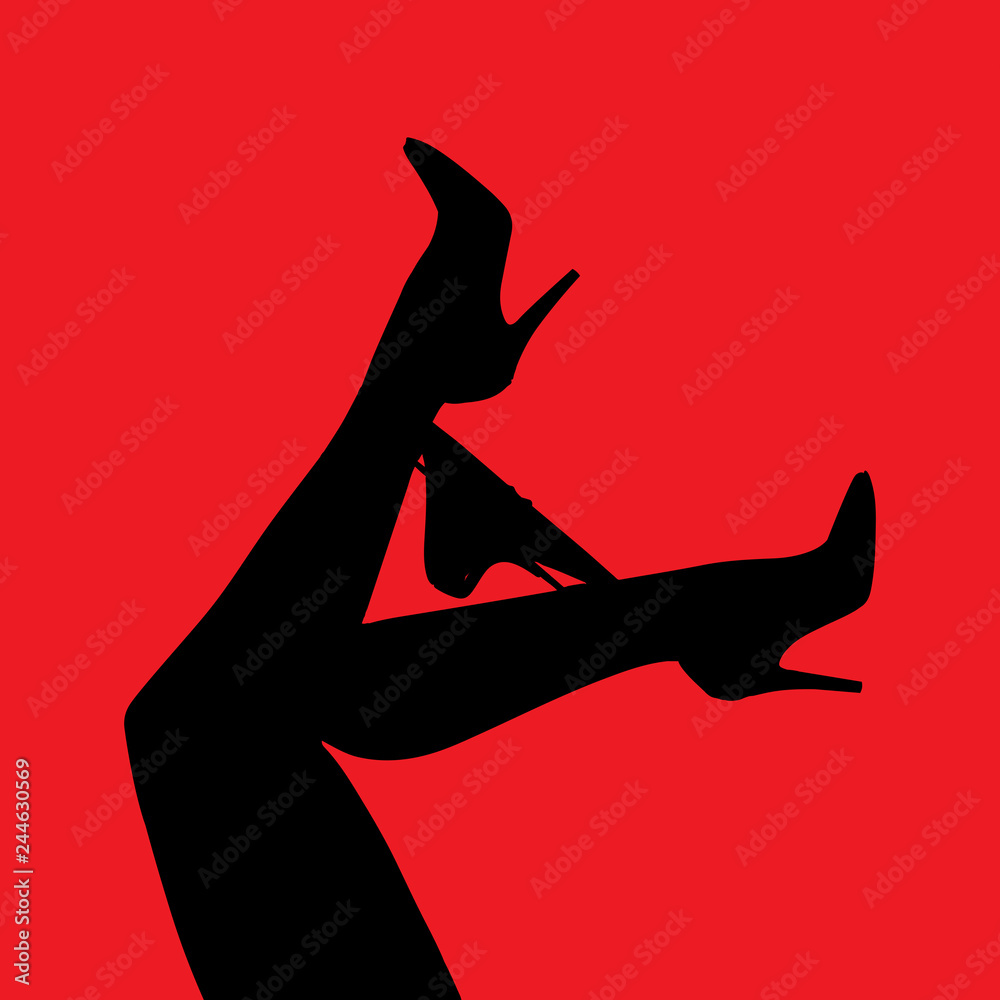 vector digital illustration female legs in heels with panties on a red background - obrazy, fototapety, plakaty 