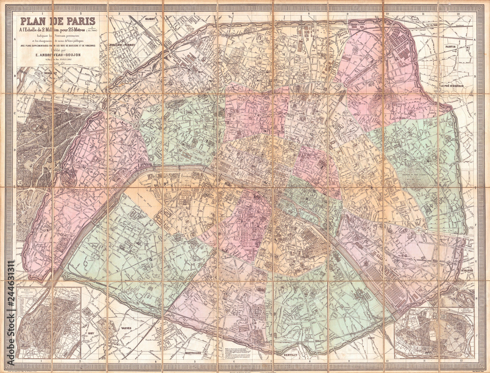 Obraz premium 1882, Andriveau-Goujon Pocket Map of Paris, France