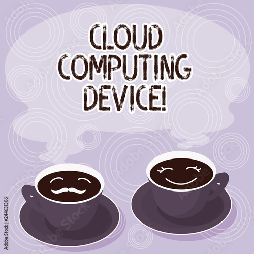 Text sign showing Cloud Computing Device. Conceptual photo Shared pools of configurable computer system resource Sets of Cup Saucer for His and Hers Coffee Face icon with Blank Steam