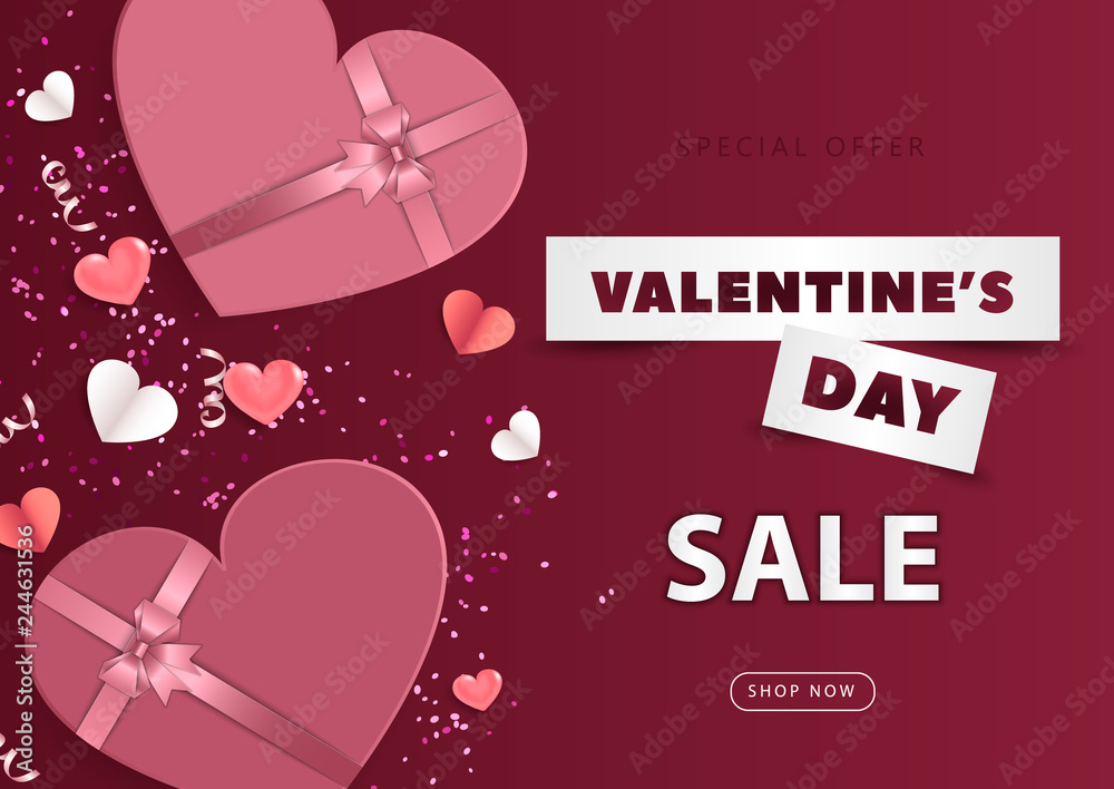 Valentine's Day banner special offer sale. Background with hearts and gift boxes. Concept for greeting card, banner, posters, coupons, promotional material. Vector illustration.