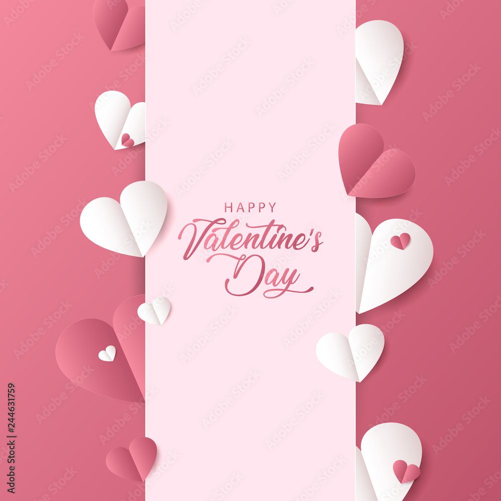 Background on Valentine's Day with paper hearts. Concept for banner, postcards, posters, coupons, promotional material. Vector illustration paper cut style. 