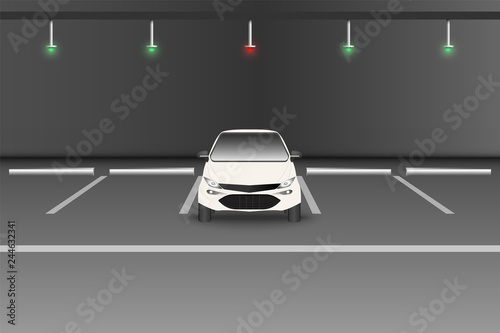 Smart car parking lot in the underground floor., Available parking area with warning LED light signal., Technology of notification and information of personal vehicle transportation in shopping mall.