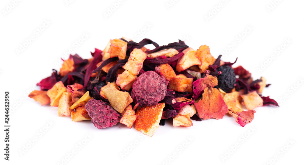 Fruit tea with hibiscus, apple, raspberry, rose petals and dog-rose, isolated on white background. Fruit tea with hibiscus, apple, raspberry, rose petals and dog-rose, isolated on white background.
