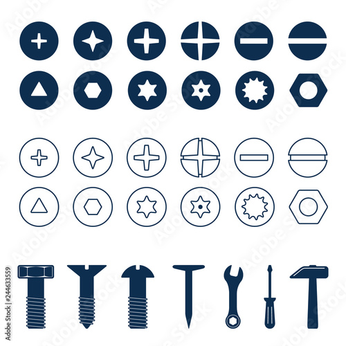 Bolts and screws heads set. Bolt and screw, nut top view, tools vector illustration