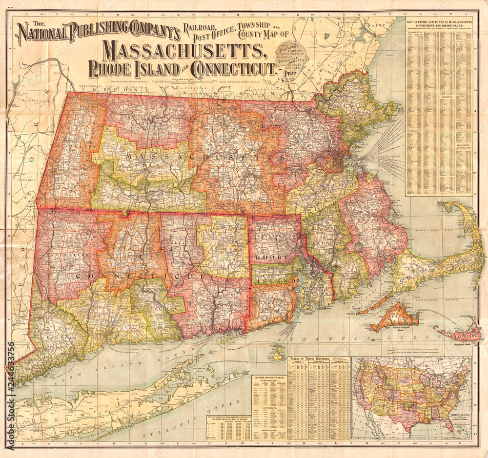 Naklejka premium 1900, National Publishing Railroad Map of Connecticut, Massachusetts, and Rhode Island