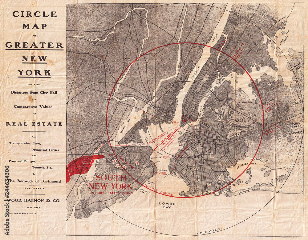 1906, Wood Harmon Map of New York City, Staten Island, Bronx, Brooklyn, Queens